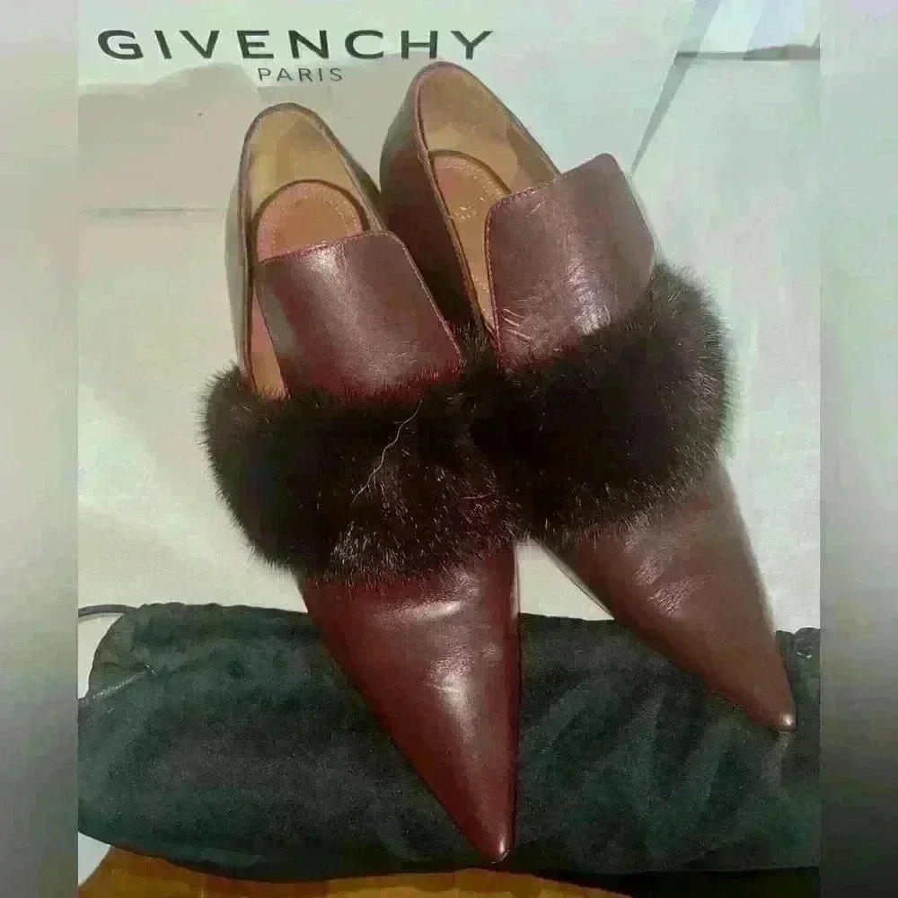 Givenchy Burgundy Leather Pointed Toe Mink - Fur Trim Pumps - Picture 1 of 10